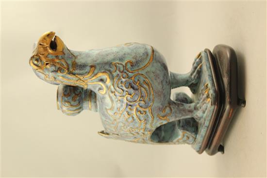 A Chinese robins egg glazed phoenix vessel, late 19th / early 20th century, 23.5cm, repaired, wood stand